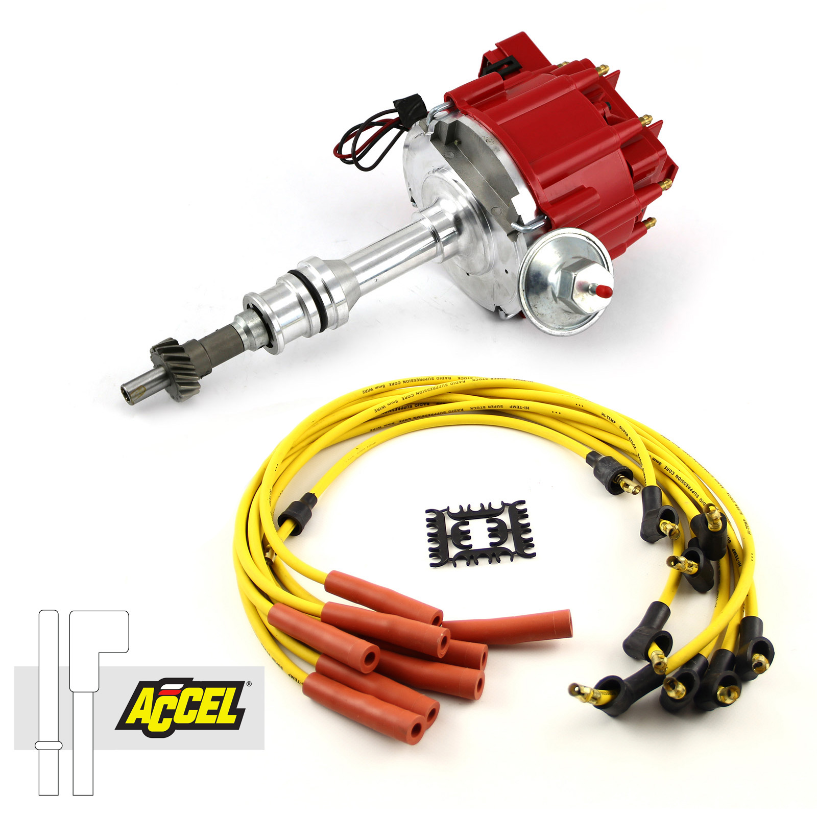 Accel, Speedmaster® PCE385.1035 Ford 302 351 Cleveland HEI Distributor Accel Spark Plug Wires Ignition Combo Kit